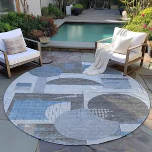HomeRoots 5' Stylish Blue and Gray Geometric Area Rug for Indoor and Outdoor Spaces - Durable and Washable 8' Round 618012