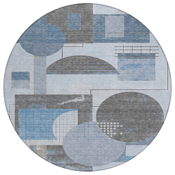 HomeRoots 5' Stylish Blue and Gray Geometric Area Rug for Indoor and Outdoor Spaces - Durable and Washable 8' Round 618012