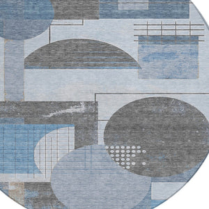 HomeRoots 5' Stylish Blue and Gray Geometric Area Rug for Indoor and Outdoor Spaces - Durable and Washable 8' Round 618012