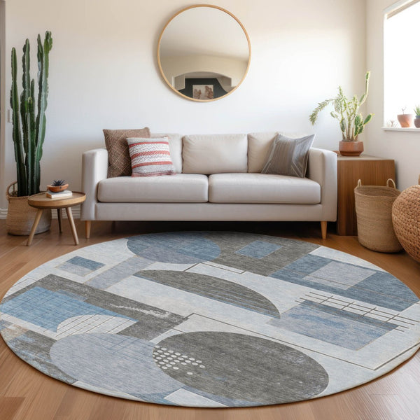 HomeRoots 5' Stylish Blue and Gray Geometric Area Rug for Indoor and Outdoor Spaces - Durable and Washable 8' Round 618012