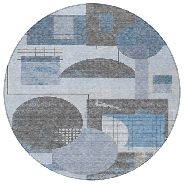 HomeRoots 5' Stylish Blue and Gray Geometric Area Rug for Indoor and Outdoor Spaces - Durable and Washable 8' Round 618012