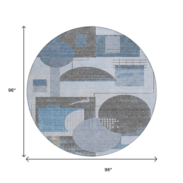 HomeRoots 5' Stylish Blue and Gray Geometric Area Rug for Indoor and Outdoor Spaces - Durable and Washable 8' Round 618012