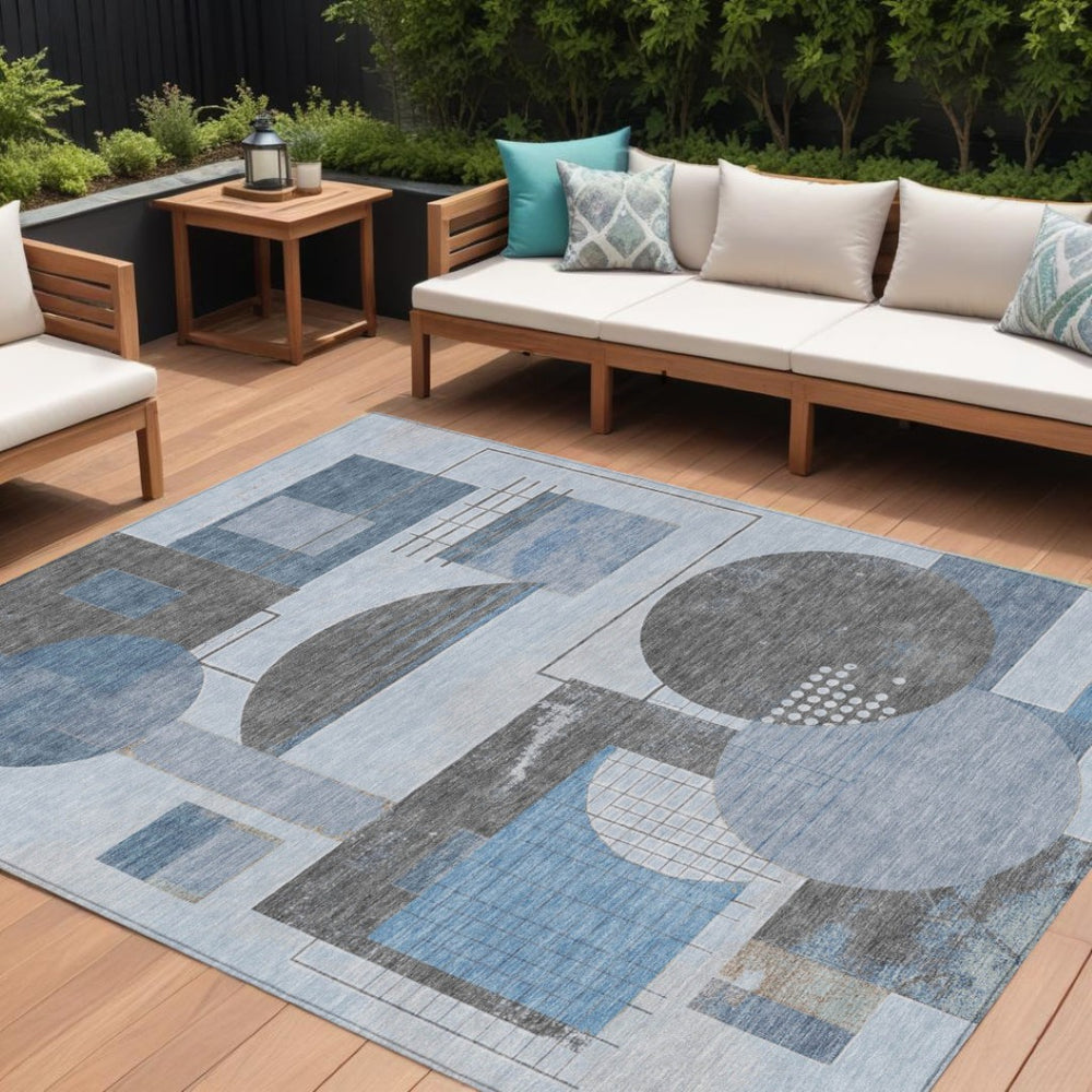 HomeRoots 5' Stylish Blue and Gray Geometric Area Rug for Indoor and Outdoor Spaces - Durable and Washable 10' X 14' 618015