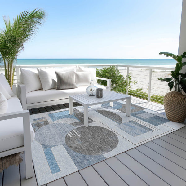 HomeRoots 5' Stylish Blue and Gray Geometric Area Rug for Indoor and Outdoor Spaces - Durable and Washable 10' X 14' 618015