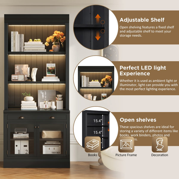 English Elm 83.4"tall Two-piece Bookcase Suite with Led Shelves Tempered Glass Doors Matte Black N751S059521B