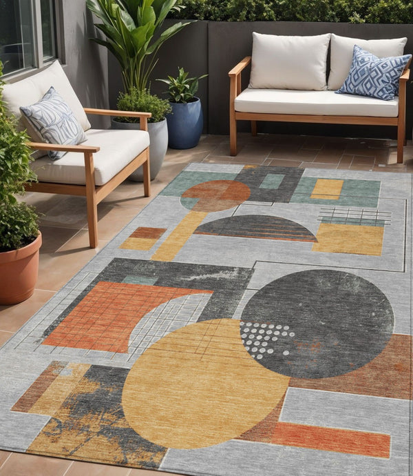 HomeRoots 5' Stylish Gray Gold Orange Geometric Area Rug - Durable, Washable Design for Indoor & Outdoor Use 5' X 8' 618023