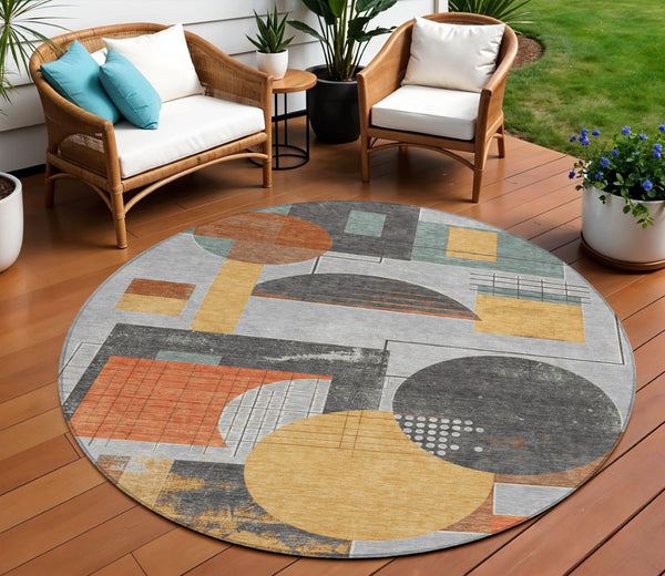 HomeRoots 5' Stylish Gray Gold Orange Geometric Area Rug - Durable, Washable Design for Indoor & Outdoor Use 8' Round 618024