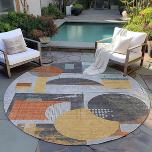 HomeRoots 5' Stylish Gray Gold Orange Geometric Area Rug - Durable, Washable Design for Indoor & Outdoor Use 8' Round 618024