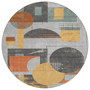 HomeRoots 5' Stylish Gray Gold Orange Geometric Area Rug - Durable, Washable Design for Indoor & Outdoor Use 8' Round 618024