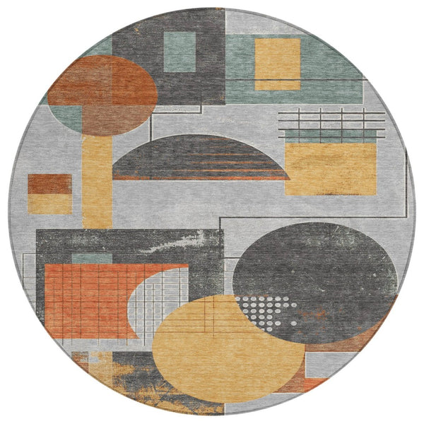 HomeRoots 5' Stylish Gray Gold Orange Geometric Area Rug - Durable, Washable Design for Indoor & Outdoor Use 8' Round 618024