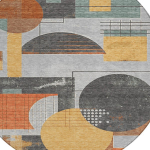 HomeRoots 5' Stylish Gray Gold Orange Geometric Area Rug - Durable, Washable Design for Indoor & Outdoor Use 8' Round 618024