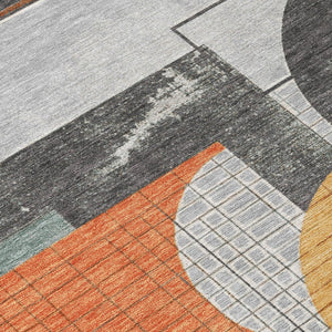HomeRoots 5' Stylish Gray Gold Orange Geometric Area Rug - Durable, Washable Design for Indoor & Outdoor Use 8' Round 618024