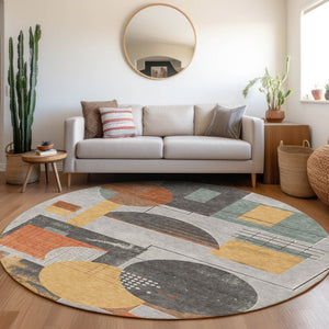 HomeRoots 5' Stylish Gray Gold Orange Geometric Area Rug - Durable, Washable Design for Indoor & Outdoor Use 8' Round 618024