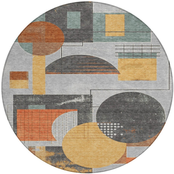 HomeRoots 5' Stylish Gray Gold Orange Geometric Area Rug - Durable, Washable Design for Indoor & Outdoor Use 8' Round 618024
