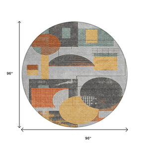 HomeRoots 5' Stylish Gray Gold Orange Geometric Area Rug - Durable, Washable Design for Indoor & Outdoor Use 8' Round 618024