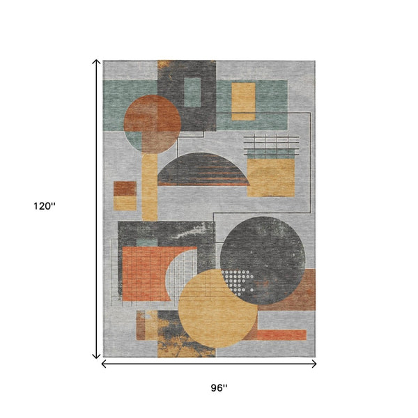 HomeRoots 5' Stylish Gray Gold Orange Geometric Area Rug - Durable, Washable Design for Indoor & Outdoor Use 8' X 10' 618025