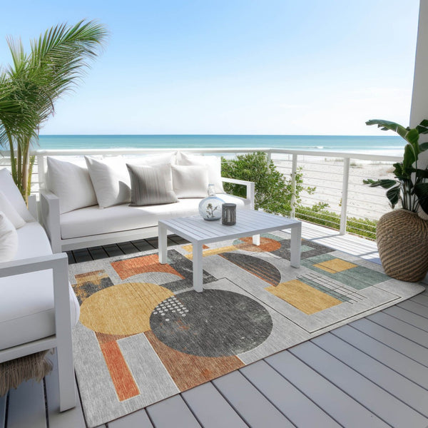 HomeRoots 5' Stylish Gray Gold Orange Geometric Area Rug - Durable, Washable Design for Indoor & Outdoor Use 8' X 10' 618025