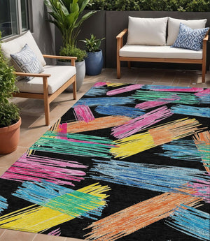 HomeRoots 5' Striped Washable Area Rug in Black, Pink, and Yellow - Perfect for Indoor or Outdoor Spaces! 5' X 8' 618041