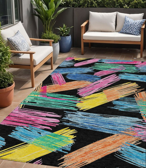 HomeRoots 5' Striped Washable Area Rug in Black, Pink, and Yellow - Perfect for Indoor or Outdoor Spaces! 5' X 8' 618041