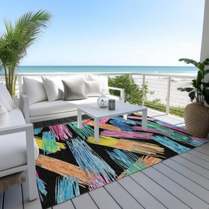 HomeRoots 5' Striped Washable Area Rug in Black, Pink, and Yellow - Perfect for Indoor or Outdoor Spaces! 5' X 8' 618041