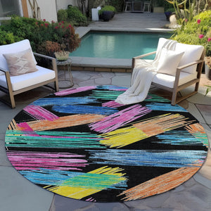 HomeRoots 5' Striped Washable Area Rug in Black, Pink, and Yellow - Perfect for Indoor or Outdoor Spaces! 8' Round 618042