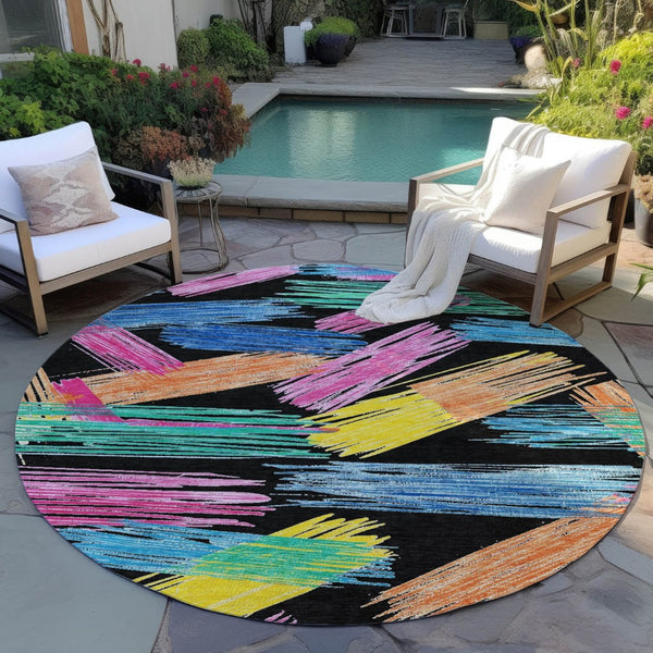 HomeRoots 5' Striped Washable Area Rug in Black, Pink, and Yellow - Perfect for Indoor or Outdoor Spaces! 8' Round 618042
