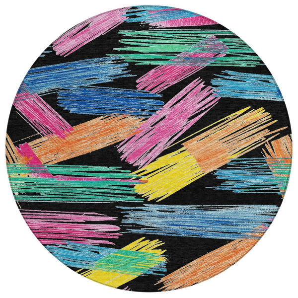 HomeRoots 5' Striped Washable Area Rug in Black, Pink, and Yellow - Perfect for Indoor or Outdoor Spaces! 8' Round 618042