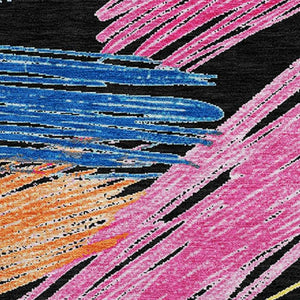 HomeRoots 5' Striped Washable Area Rug in Black, Pink, and Yellow - Perfect for Indoor or Outdoor Spaces! 8' Round 618042