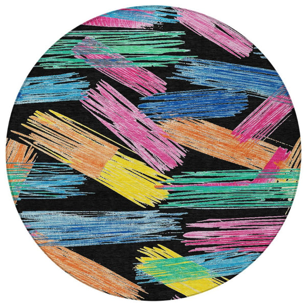 HomeRoots 5' Striped Washable Area Rug in Black, Pink, and Yellow - Perfect for Indoor or Outdoor Spaces! 8' Round 618042