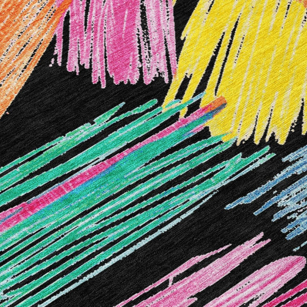 HomeRoots 5' Striped Washable Area Rug in Black, Pink, and Yellow - Perfect for Indoor or Outdoor Spaces! 8' Round 618042