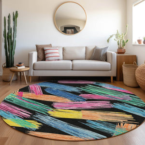 HomeRoots 5' Striped Washable Area Rug in Black, Pink, and Yellow - Perfect for Indoor or Outdoor Spaces! 8' Round 618042