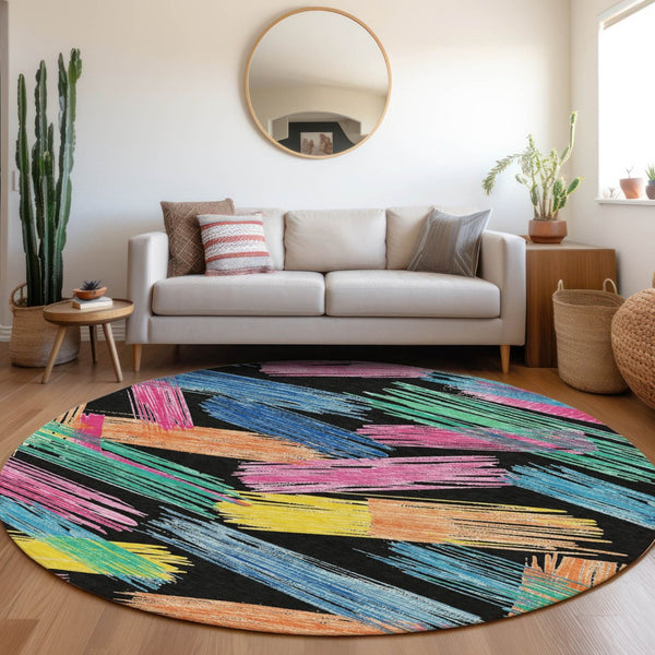 HomeRoots 5' Striped Washable Area Rug in Black, Pink, and Yellow - Perfect for Indoor or Outdoor Spaces! 8' Round 618042
