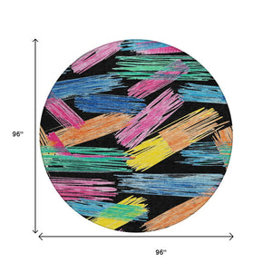 HomeRoots 5' Striped Washable Area Rug in Black, Pink, and Yellow - Perfect for Indoor or Outdoor Spaces! 8' Round 618042