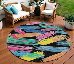 HomeRoots 5' Striped Washable Area Rug in Black, Pink, and Yellow - Perfect for Indoor or Outdoor Spaces! 8' Round 618042