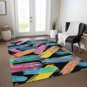 HomeRoots 5' Striped Washable Area Rug in Black, Pink, and Yellow - Perfect for Indoor or Outdoor Spaces! 8' X 10' 618043