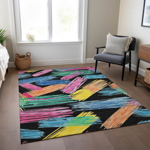 HomeRoots 5' Striped Washable Area Rug in Black, Pink, and Yellow - Perfect for Indoor or Outdoor Spaces! 8' X 10' 618043