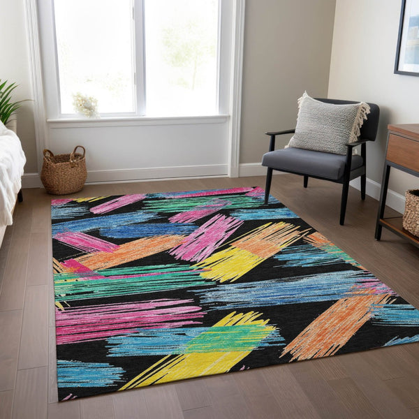HomeRoots 5' Striped Washable Area Rug in Black, Pink, and Yellow - Perfect for Indoor or Outdoor Spaces! 8' X 10' 618043