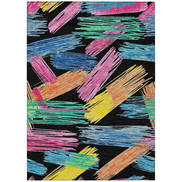 HomeRoots 5' Striped Washable Area Rug in Black, Pink, and Yellow - Perfect for Indoor or Outdoor Spaces! 9' X 12' 618044