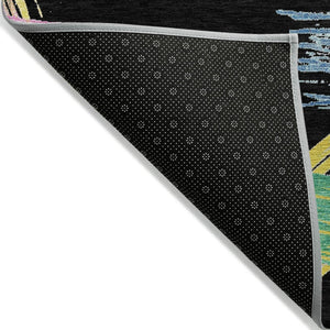 HomeRoots 5' Striped Washable Area Rug in Black, Pink, and Yellow - Perfect for Indoor or Outdoor Spaces! 9' X 12' 618044