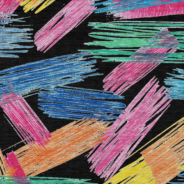 HomeRoots 5' Striped Washable Area Rug in Black, Pink, and Yellow - Perfect for Indoor or Outdoor Spaces! 9' X 12' 618044