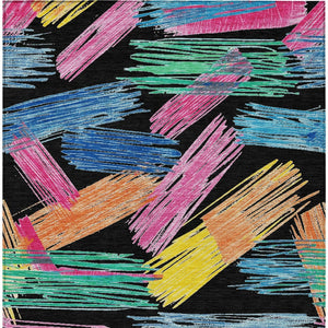 HomeRoots 5' Striped Washable Area Rug in Black, Pink, and Yellow - Perfect for Indoor or Outdoor Spaces! 9' X 12' 618044