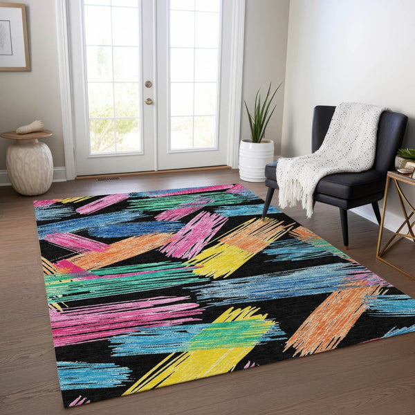 HomeRoots 5' Striped Washable Area Rug in Black, Pink, and Yellow - Perfect for Indoor or Outdoor Spaces! 9' X 12' 618044