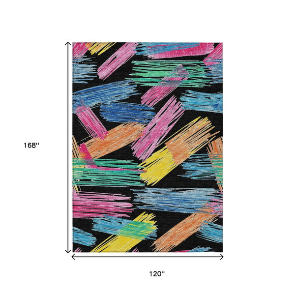 HomeRoots 5' Striped Washable Area Rug in Black, Pink, and Yellow - Perfect for Indoor or Outdoor Spaces! 10' X 14' 618045