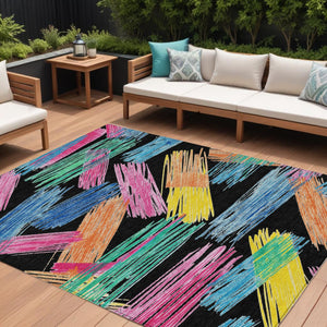 HomeRoots 5' Striped Washable Area Rug in Black, Pink, and Yellow - Perfect for Indoor or Outdoor Spaces! 10' X 14' 618045