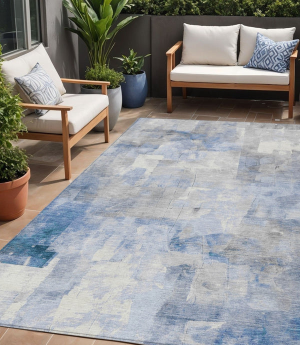 HomeRoots 5' Stylish Denim Blue, Gray & Ivory Abstract Indoor/Outdoor Area Rug - Machine Washable & Durable 5' X 8' 618083