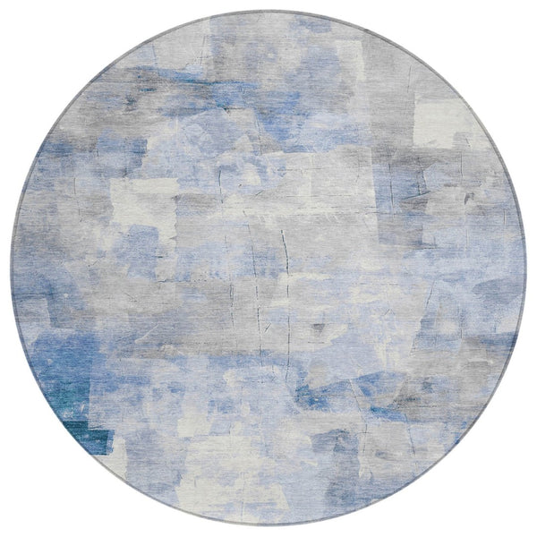 HomeRoots 5' Stylish Denim Blue, Gray & Ivory Abstract Indoor/Outdoor Area Rug - Machine Washable & Durable 8' Round 618084