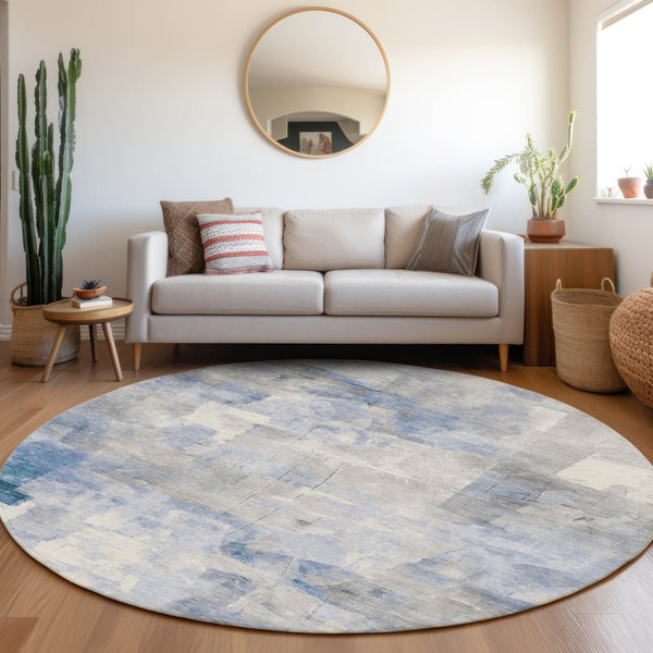 HomeRoots 5' Stylish Denim Blue, Gray & Ivory Abstract Indoor/Outdoor Area Rug - Machine Washable & Durable 8' Round 618084