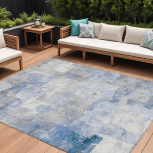 HomeRoots 5' Stylish Denim Blue, Gray & Ivory Abstract Indoor/Outdoor Area Rug - Machine Washable & Durable 9' X 12' 618086
