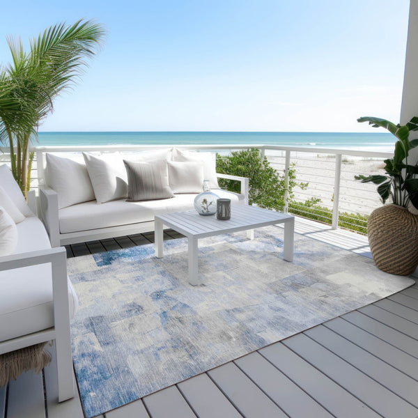 HomeRoots 5' Stylish Denim Blue, Gray & Ivory Abstract Indoor/Outdoor Area Rug - Machine Washable & Durable 9' X 12' 618086