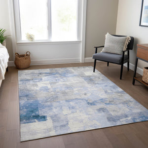 HomeRoots 5' Stylish Denim Blue, Gray & Ivory Abstract Indoor/Outdoor Area Rug - Machine Washable & Durable 9' X 12' 618086